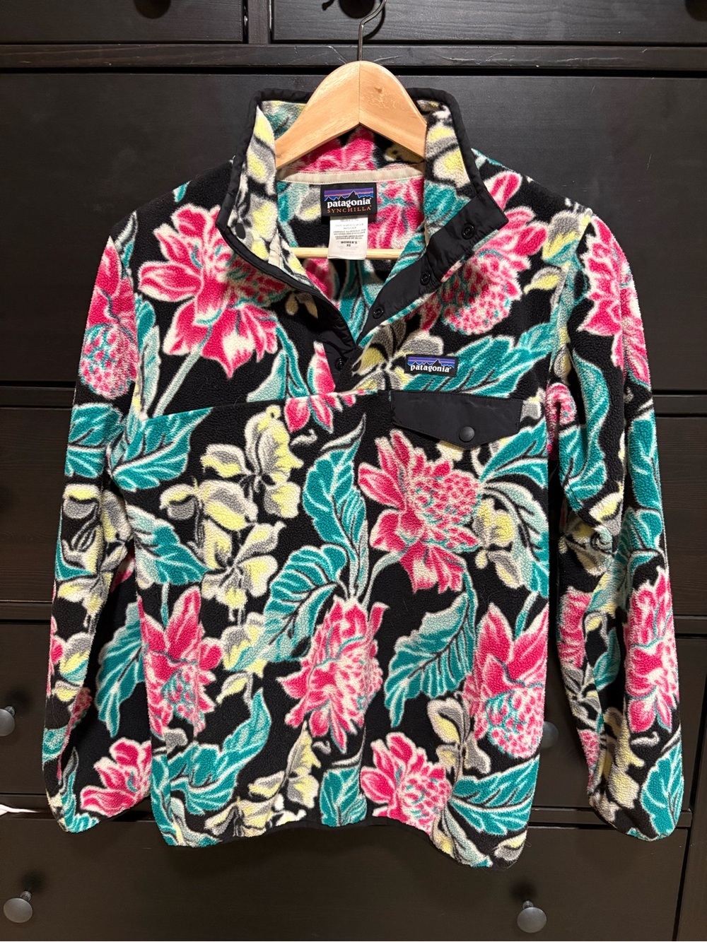 Patagonia Floral Synchilla Snap-T Pullover - Black with Pink & Teal Accents